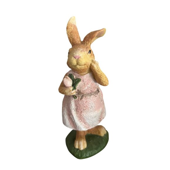 unbranded Other - Hand-Painted Resin Bunny Figurine In Pink Dress Holding Flower